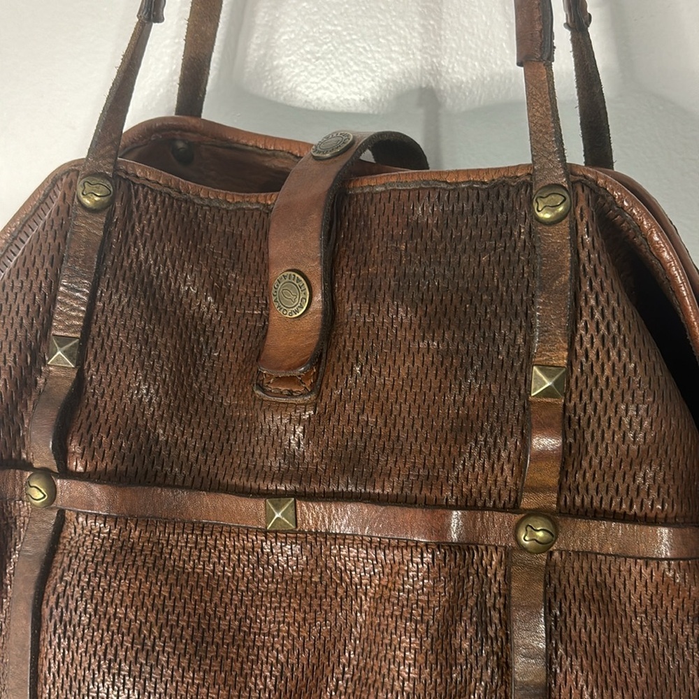 Campomaggi Large Studded Leather Purse Tote Bag Perforated Brown Cognac - Picture 8 of 14